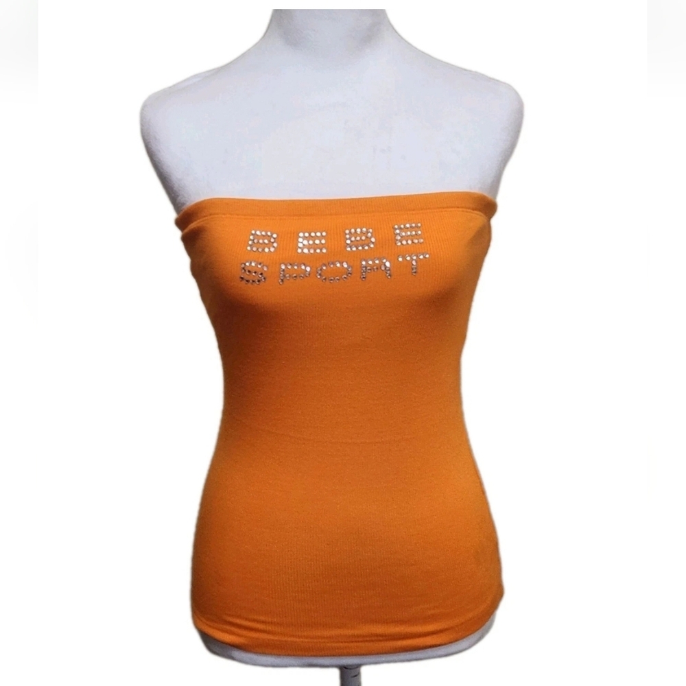 Vtg Y2K Bebe Sport Tube Top L Orange Ribbed Rhinestone Bling USA Deadstock